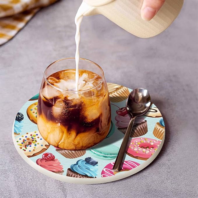 Sweets Ornament Table Coasters for Drinks Cupcake Dessert Cream Bake Cake Donut Pastry Macaron Chocolate 100% Diatomite Home and Dining Room Bar Decor 4 X 4 X 0.35 Inch for Men Women