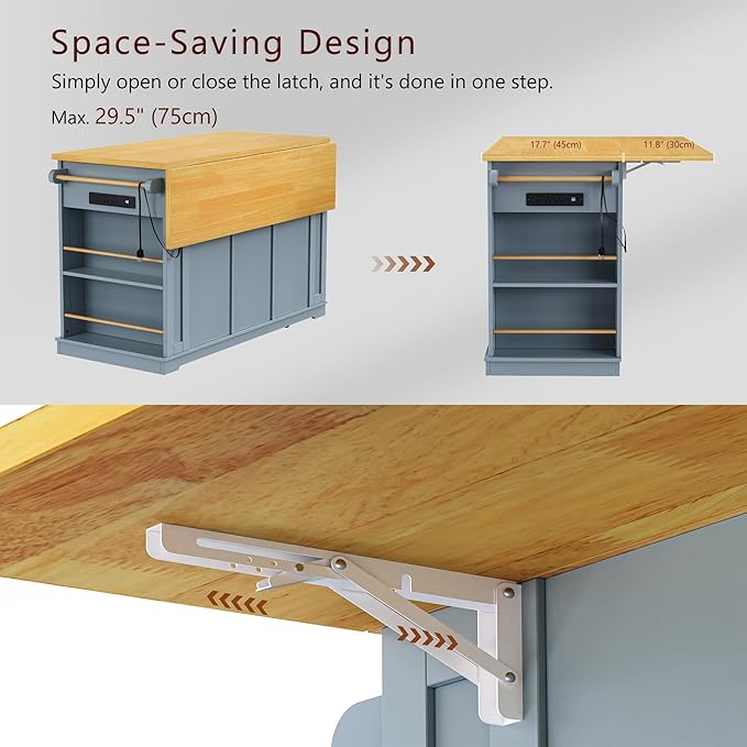 Merax 53" Upgraded Kitchen Cart Island on Wheels with Power Outlet,Drop Leaf,3 Drawers and 5 Open Side Racks,Wood Rolling Storage Cabinet