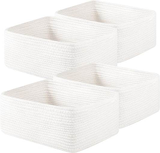 OIAHOMY 4 Pack 14.17*11.02*6.3IN Storage Baskets for Organizing Shelves, Woven Rope Baskets for Organizing Books, Clothes, Decorative Basket for Living Room, Nursery, Bedroom, Gift Basket, White