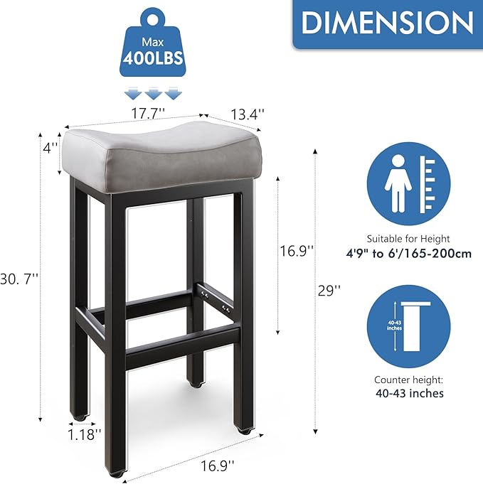 29 Inch Bar Height Bar Stools Set of 2, 29" Barstools for Kitchen Island Counter, Backless Bonded Leather Bar Height Stools with Thick Saddle Seats & Heavy Duty Metal Base, Easy Assembly, Gray/Black