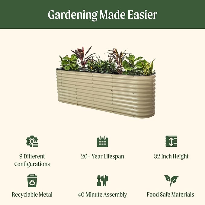 Vego garden 32" Extra Tall Raised Garden Bed Kits, 9 in 1 Modular Raised Planter Box for Vegetables Flowers Fruits Oval Metal Raised Garden Bed- Olive Green