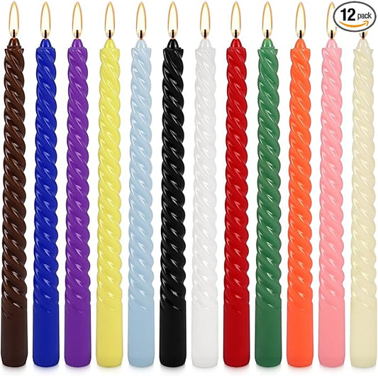 12-Pack 12-Color Spiral Taper Candles - 10 Inch Dripless & Long-Lasting Burn, Decorative Twisted Candles for Wedding, Birthday, Christmas, Home Decor, Party Supplies (Premium Wax, Unscented)