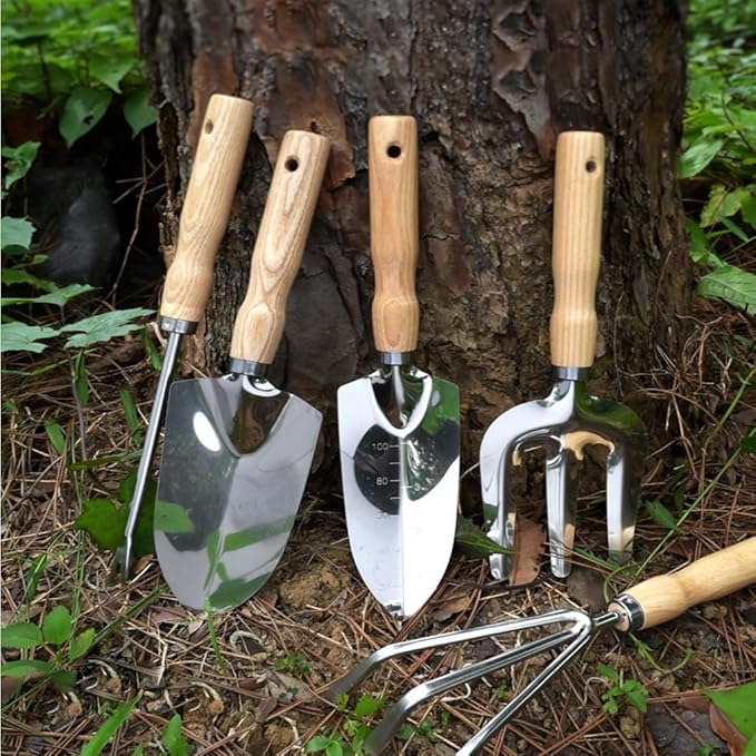 5-Piece Garden Tool Set, Heavy-Duty Rust-Resistant Stainless Steel with Ergonomic Non-Slip Wooden Handles – Durable Gardening Tools Gift, Includes Trowel, Transplanter, Hand Fork, Cultivator & Weeder