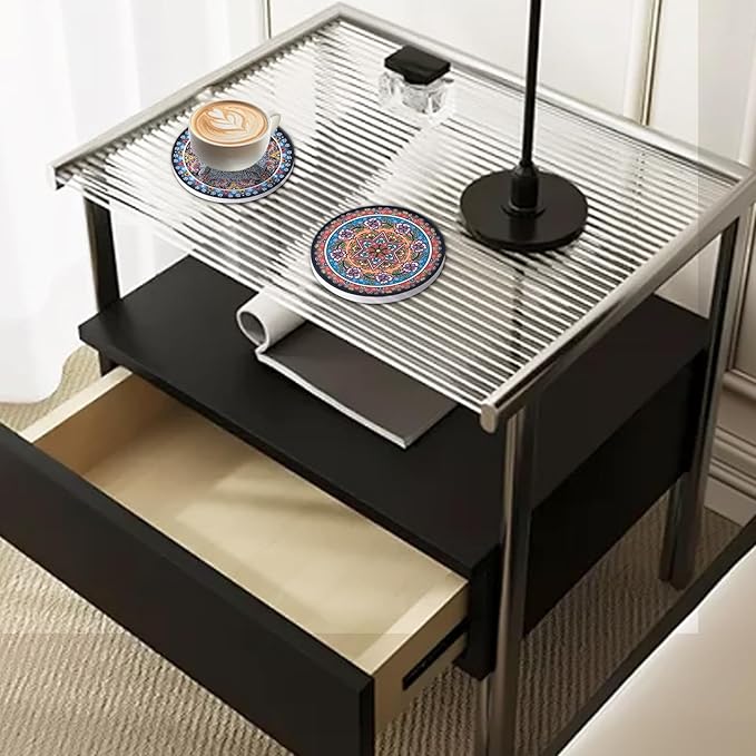 Coasters Absorbent Ceramic Coaster Drink Coasters with Cork Back Turkish Mandala Pattern Set of 6 Round Coaster Non Slip for Coffee Table Wine Glass Home Bar 4 Inch, Colorful