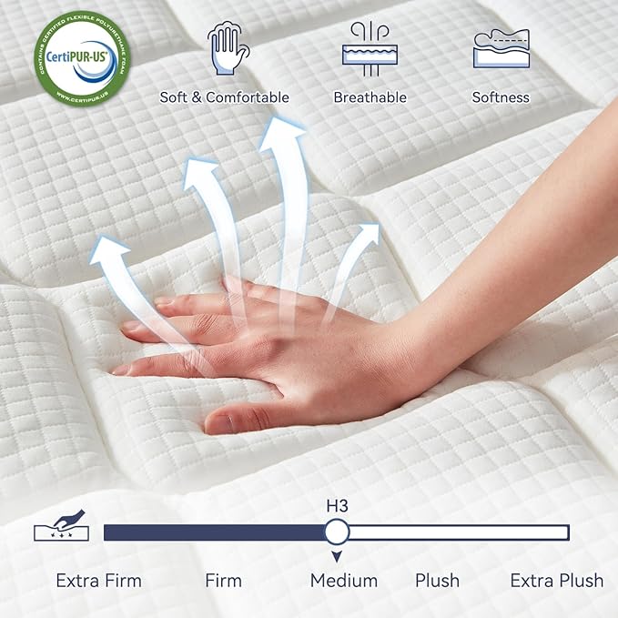 12 Inch King Hybrid Mattress, Gel Memory Foam & Pocketed Springs, Motion Isolation, Pressure Relief, CertiPUR-US Certified, Fiberglass-Free, Supportive Comfort