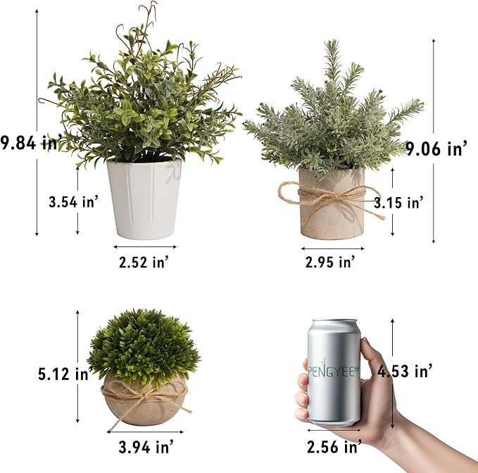 4 Pack Small Fake Plants, Artificial Plants Indoor for Home Decor, Small Faux Plants Indoor, Fake Plants in White Pot for Bathroom Bedroom Kitchen Office Farmhouse Room Shelf Decor