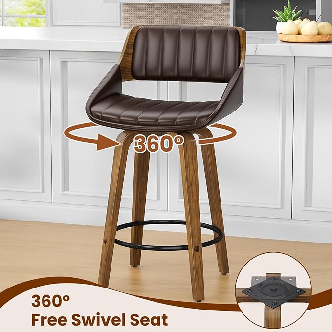 Bar Stools Set of 3, 26" Swivel Counter Height Barstools with Walnut Bentwood Back and Legs, Mid-Century Modern Faux Leather Upholstered Bar Chairs with footrest for Bar, Kitchen Island, café, Brown
