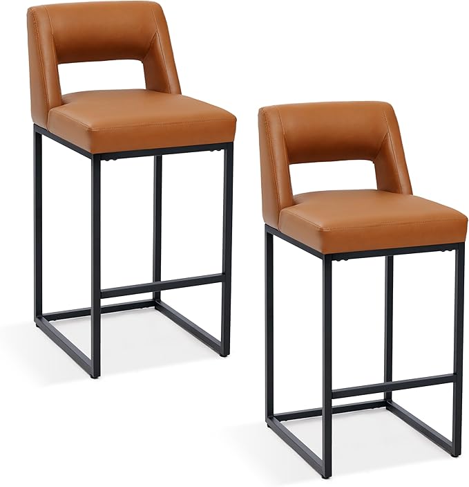 Counter Height Bar Stools Set of 2 for Kitchen Counter Modern Bar Chairs with Backs for Kitchen Island with Upholstered Faux Leather Seat and Metal Frame, 26 Inch, Light Brown