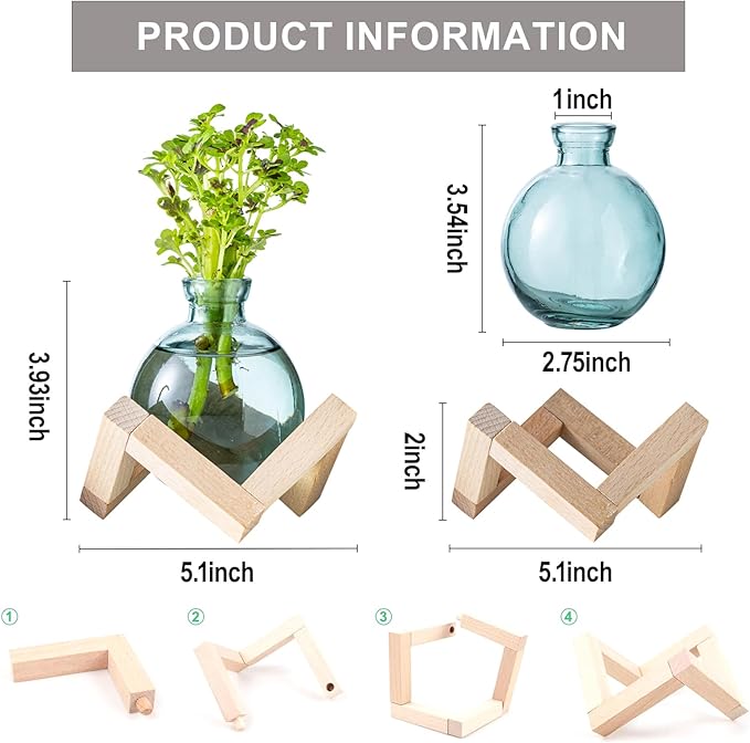 Plant Propagation Station, Plant Terrarium with Wooden Stand for Hydroponic Plant Propagation, Propagation Vases for Plants, Green Glass Bulb Vases for Home Office Decor (8)