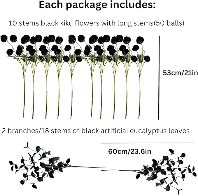 RyddeligHome Black Artificial Flowers for Centerpieces Bulk 10 Long Stems /50 Small Faux Silk Mum Balls + Black Eucalyptus Stems 2 Branches, Fall Boho Halloween Home Decor Indoor, Gothic Flowers