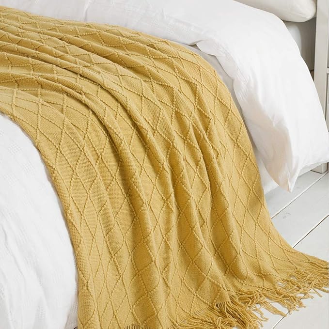 BOURINA Mustard Throw Blanket 60x80 Inches Throw Textured Solid Soft Sofa Throw Couch Knitted Decorative Blanket