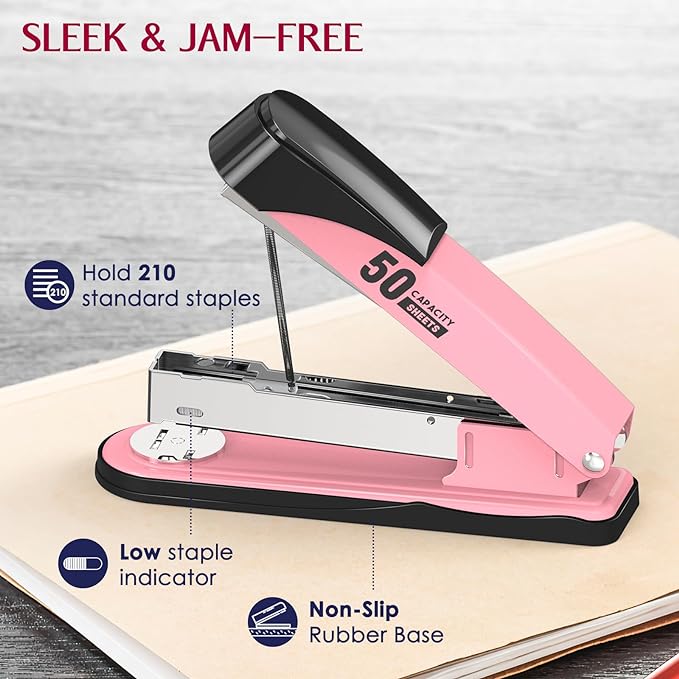 Metal Stapler Heavy Duty 50 Sheet Capacity with 1750 Staples and Staple Remover, Full Strip Staplers for Desk, No Jam, Non-Slip for Office & Classroom, Pink