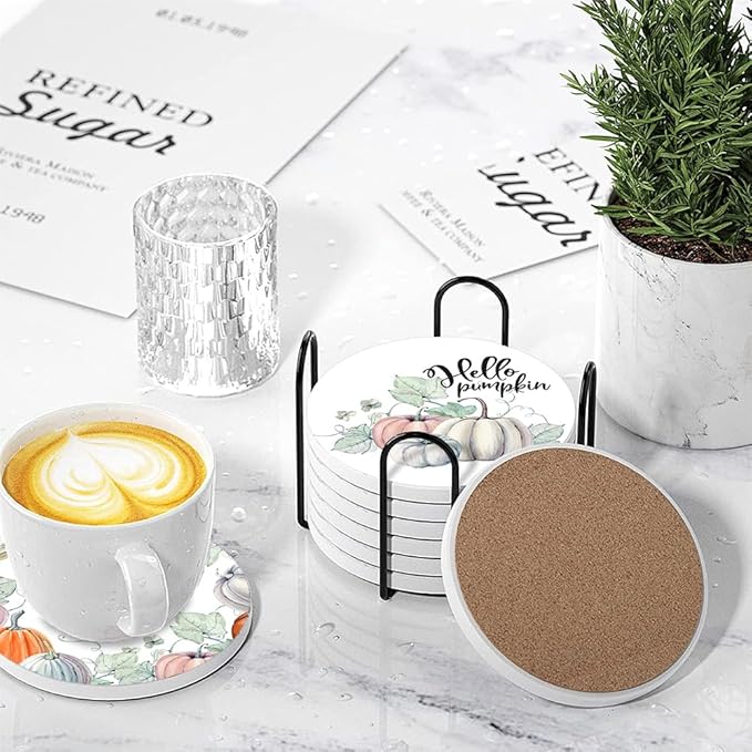 Fall Drink Absorbent Coasters with Holder Set of 6, Ceramic Stone with Cork Base, Watercolor Blue and Orange Pumpkin Pattern Coaster for Drinks, Gift for Housewarming Room Bar Home Decor Kitchen
