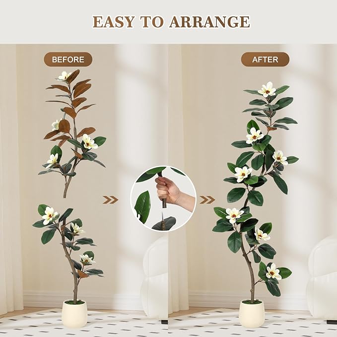 Rubber Tree 6 ft Artificial Tree in White Planter Pot, Faux Plants Indoor Faux Floor Plant Artificial Plants with 7 Pcs Magnolia Flowers for Home Decor, Artificial Fiddle Leaf Fig Tree for Office