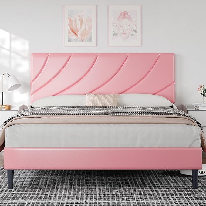 HOMBCK Queen Bed Frame with Headboard, Upholstered Bed Frames, Strong Wooden Slats, No Box Spring Needed, Easy Assembly, Pink