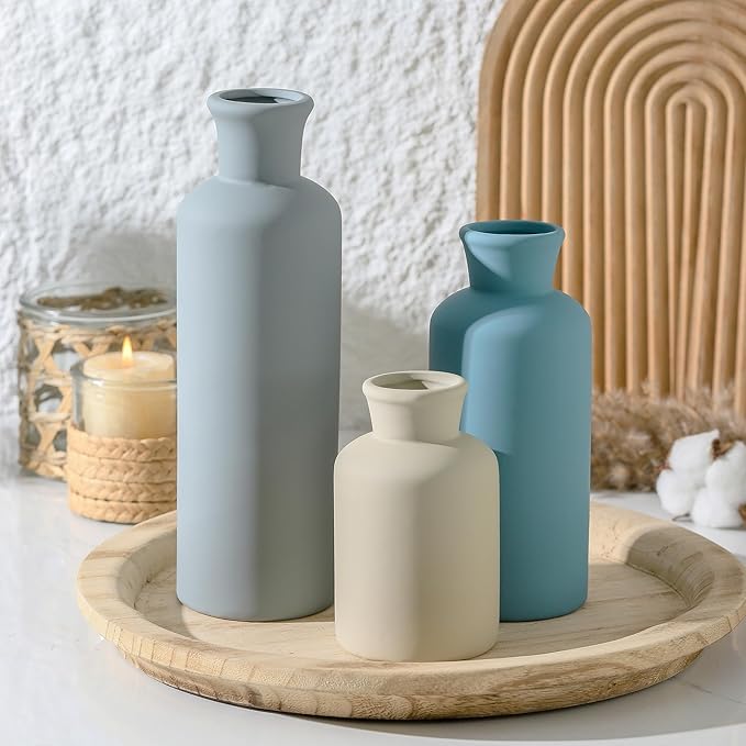 Ceramic Vase Set of 3, Neutral Modern Vases Home Decor Boho Vase Farmhouse Decor Flowers Pampas Vases for Table Mantel Entryway Shelf Living Room Kitchen Bathroom - Blue