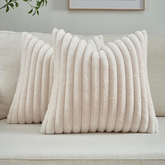FUTEI Beige Striped Decorative Throw Pillow Covers 24x24 Inch Set of 2,Square Spring Decorations Couch Euro Pillow Case,Soft Cozy Faux Rabbit Fur & Velvet Back,Modern Home Decor for Bed