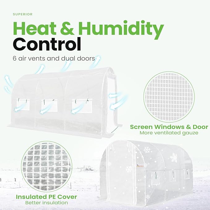 KING BIRD Premium 10x6.6x6.6FT Greenhouse for Outdoors, Large Walk-in Heavy Duty Galvanized Steel Frame, Mesh Door Screen Window Upgraded Zipper Tunnel Hoop for Garden Plant Winter, White