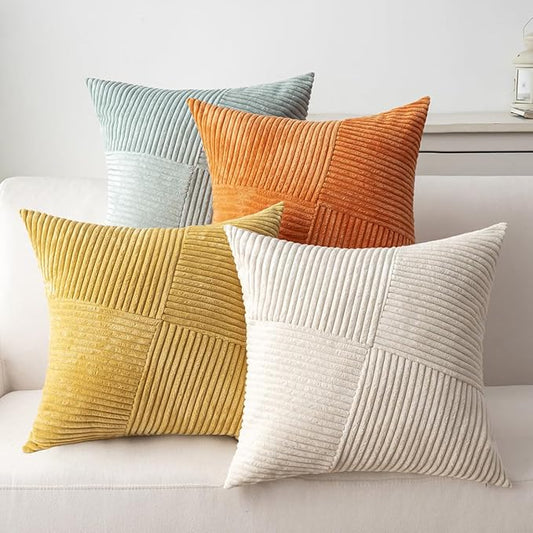 Decorative Throw Pillow Covers 18x18 Inch Set of 4 for Boho Living Room Farmhouse Home Decor, Spring Pillow Covers for Couch Bed, Soft Corduroy Striped Patchwork Cushion Cases, Warm Colors