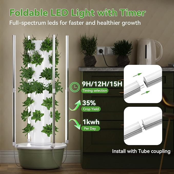 BAOSHISHAN Hydroponics Tower with Foldable Led Light, 20pods Vertical Hydroponic Garden Tower, Auto Water Circulate Hydroponics Growing System for Herb, Vegetable, Fruit(5 Layer)