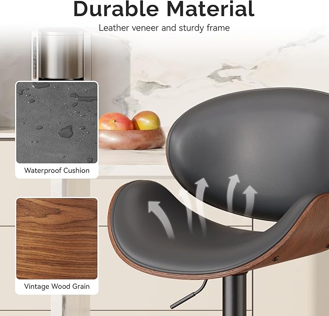 Swivel Bar Stools Set of 4, Seat Adjustable Height 23.5-32.5IN Bentwood Barstools with Back & Footrest, PU Leather Upholstered Counter Height Bar Chairs for Bar Kitchen, Grey&Brown