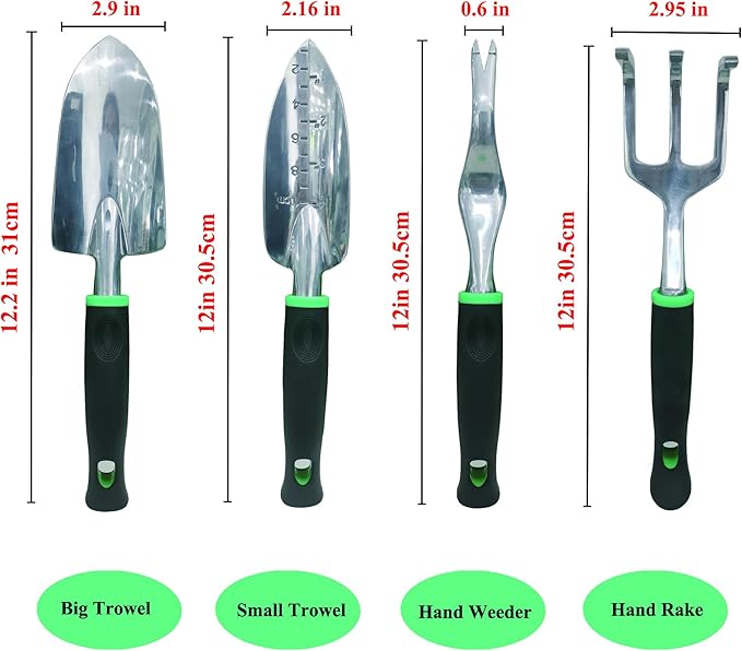 Garden Tools Set, 4 Piece Aluminum Hand Tool Kit with Ergonomic Handle, Heavy Duty Gardening Tools Include Hand Trowel, Transplant Trowel, Hand Rake and Weeder for Man and Women (Green)