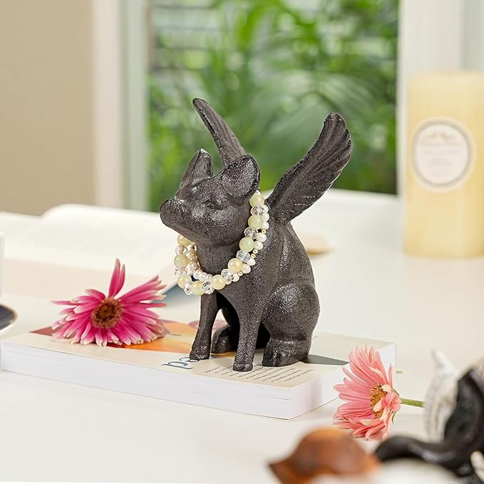 Sungmor Cast Iron Flying Pig Statue, Whimsical Sitting Pig Garden Decorative Statue, Rustic Black Brown Home Office Desk Paperweight Doorstop, Cute Collectible Figurine Bookshelf Ornament