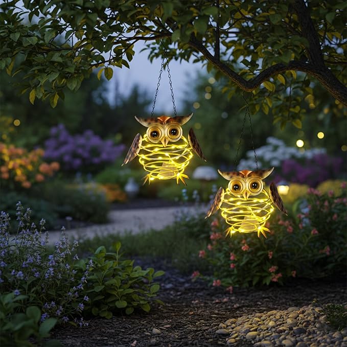 2 Pack Owl Solar Lights Outdoor Hanging Lantern with Handle, Solar Powered Owl Garden Decor for Outside Patio Yard Porch Pathway Butterfly Gifts for Women (Warm White LED Lights)