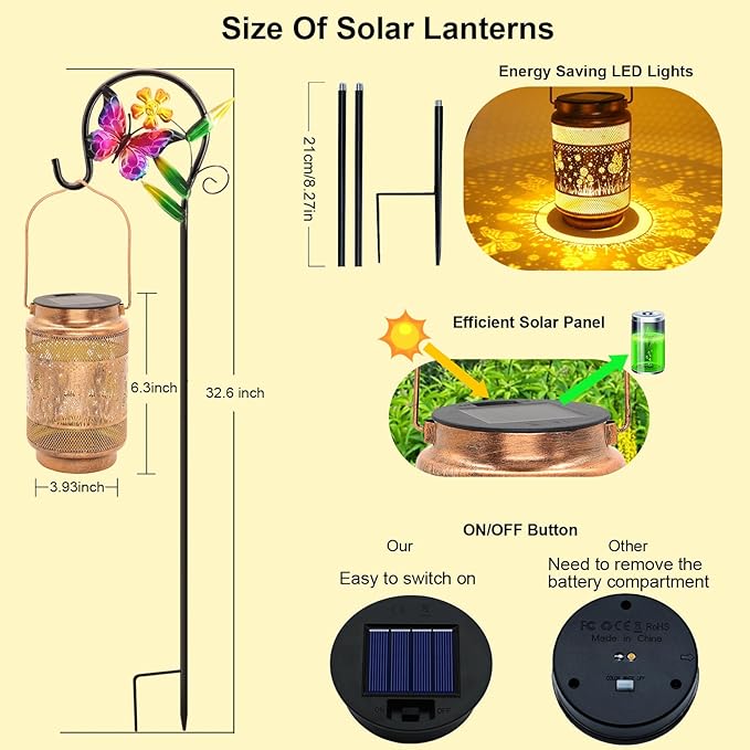 Butterfly Solar Lanterns Outdoor Waterproof with Shepherd Hook, Birthday Gifts for Christmas Women Mom Grandma, Metal Solar Hanging Lights Garden Decor for Outside Yard Patio Pathway Backyard Porch