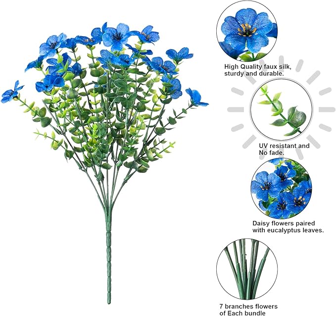 Artificial Flowers for Outdoor Indoor Garden Home Decoration, Faux Flower Daisy with Eucalyptus Leaves Fake Plants Greenery Boxwood Porch Patio, 12 Bundles (Blue)