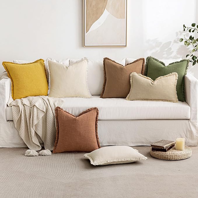 MIULEE Decorative Throw Pillow Covers Neutral Linen Fringe Throw Pillows Set of 2 Mustard Yellow Boho Farmhouse Cushion Covers with Tassels for Couch Sofa Bed Living Room Spring Home Decor 20x20 Inch