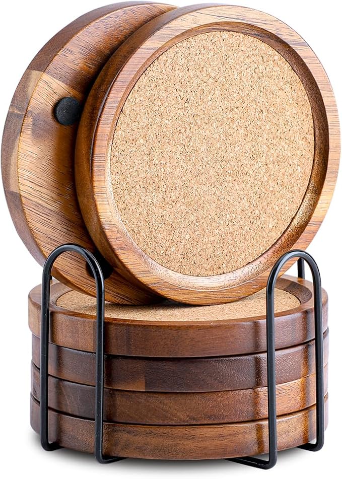 Wood Cork Coasters for Drinks Absorbent with Holder, WLWNWFT Acacia Wood Coaster Sets Rustic Farmhouse for Coffee Table Dining Table Wooden Table Coasters for Desk, Set of 6 4.33in