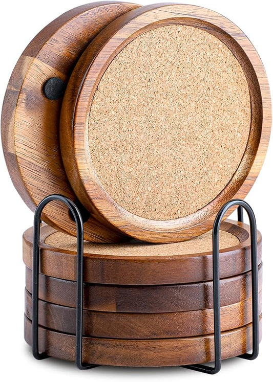 Wood Cork Coasters for Drinks Absorbent with Holder, WLWNWFT Acacia Wood Coaster Sets Rustic Farmhouse for Coffee Table Dining Table Wooden Table Coasters for Desk, Set of 6 4.33in