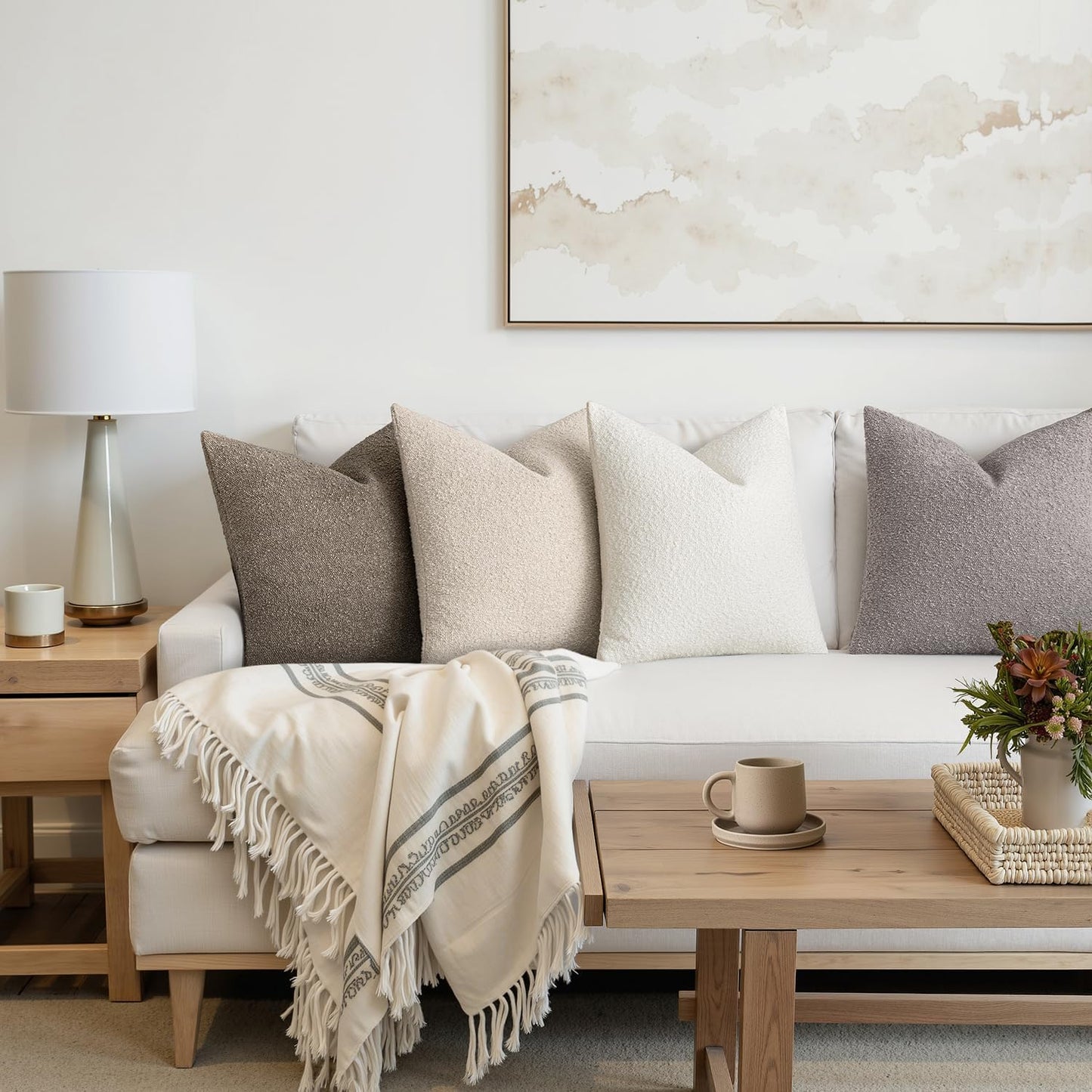 MIULEE Pack of 4 Decorative Textured Boucle Throw Pillow Covers 20x20 Inch Neutral Accent Solid Pillow Cases Soft Couch Cushion Covers for Modern Farmhouse Boho Chair Sofa Bed Livingroom Home Decor