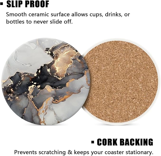 Ceramic Drink Coasters Set of 4 with Holder Round Water Absorbent Grey Gold Fashion Marble Coasters Tabletop Protection (Cork Base),Suitable for Various Mugs,Home Decor,4 Inch