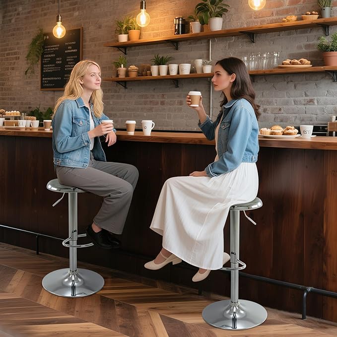 Bar Stools Set of 2, Adjustable Height Swivel Bar Stools, Metal Airlift Barstools, Backless Counter Height Bar Chairs for Kitchen Dining Room Pub Cafe (Silver)