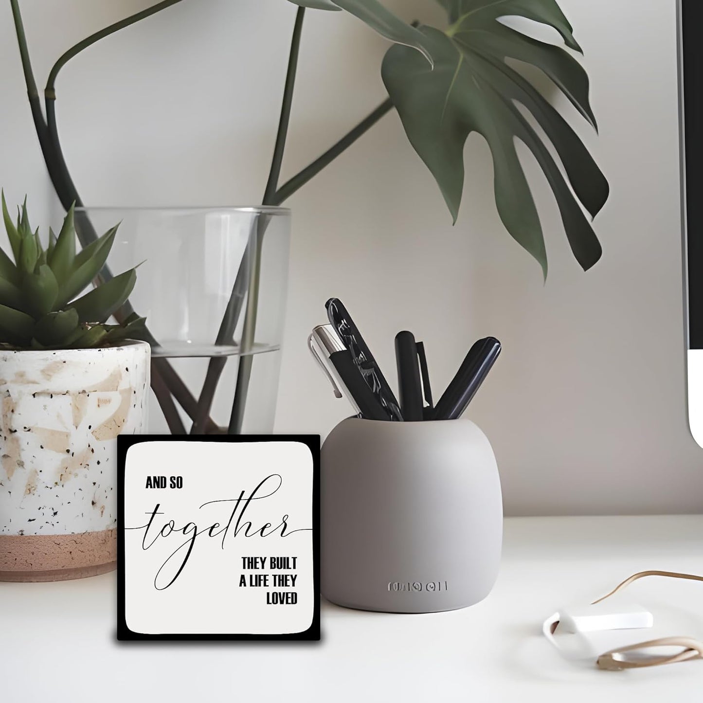 And So Together They Built A Life They Loved Wooden Block Plaque - Gray Tabletop Sign Decor For Friend Family-5"x5" Bedroom Wood Block-Funny Desk Gifts Favors & Supplies - A21