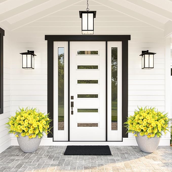 Artificial Flowers Outdoors 12 Bundles Yellow Artificial Petunias Fake Flowers UV Resistant Shrubs Plants with Fern for Indoor Outside Hanging Planters Home Garden Summer Decorations