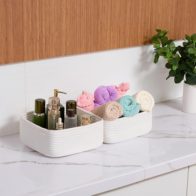 Small Square Shallow Baskets for Organizing, 9.7x9.7x4.3 Inch Rope Woven Storage Bins for Cubes Closet, Shelves Storage, Boho Decorative Basket, 2 Packs Off White