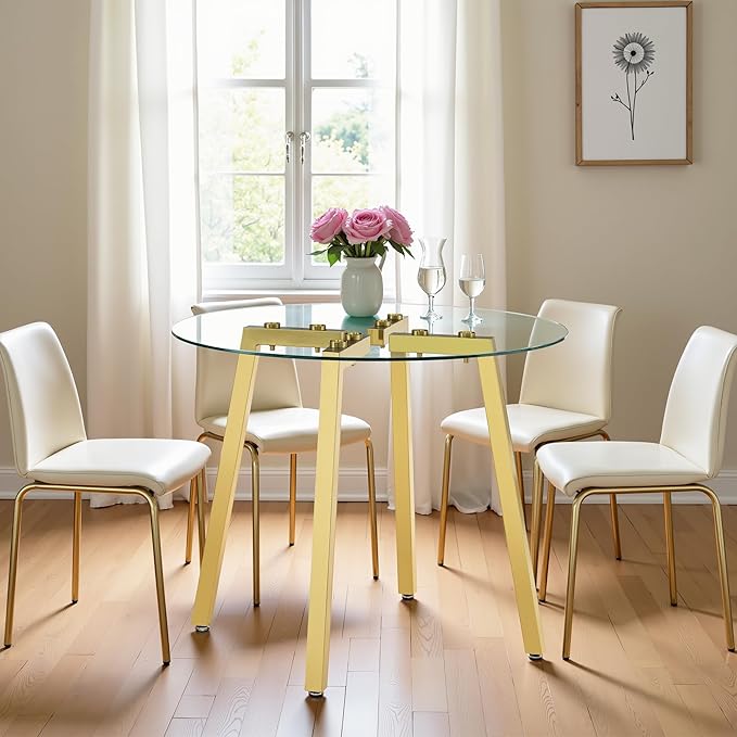 Round Dining Table for 4 Modern 36" Round Glass Dining Table Kitchen Table with Glass Tabletop and Metal Legs for Dining Room and Kitchen, Gold
