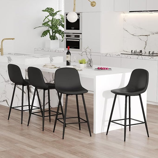 Counter Height Bar stools Set of 4, 24.6" Black Kitchen Bar Stools with Back & Metal Footrest, Modern Island Chairs Set of 4 for Kitchens Island Home Bar