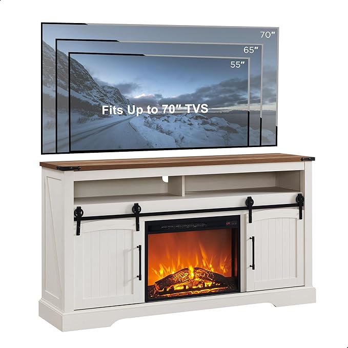 OKD Farmhouse Fireplace TV Stand for 70 Inch TV, 33" Tall Highboy Entertainment Center w/Electric Fireplace, Rustic Media Console w/Sliding Arched Door for Living Room,Antique White