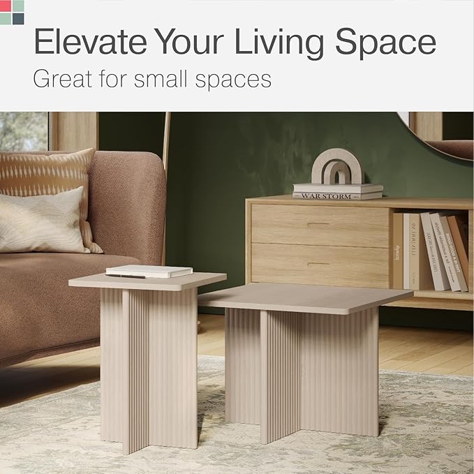 Square Fluted Nesting Coffee Table Set - Weathered White Square Top & Fluted Oak Base - Wood Grain Veneer Top, Stable on Uneven Floors & Easy Assembly - Living Room Table Set