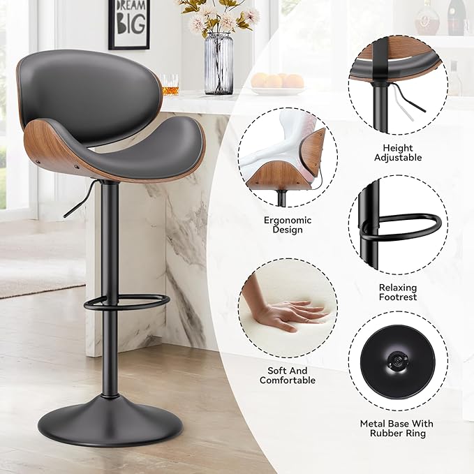 Swivel Bar Stools Set of 1, Seat Adjustable Height 23.5-32.5IN Bentwood Barstools with Back & Footrest, PU Leather Upholstered Counter Height Bar Chairs for Bar Kitchen, Grey&Brown
