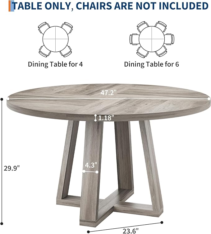 GAOMON Round Dining Table for 4-6, 47" Circle Dining Room Table with Sturdy Cross Base, Farmhouse Wood Dinner Table for Apartment Kitchen Living Room, Grey (Table Only)
