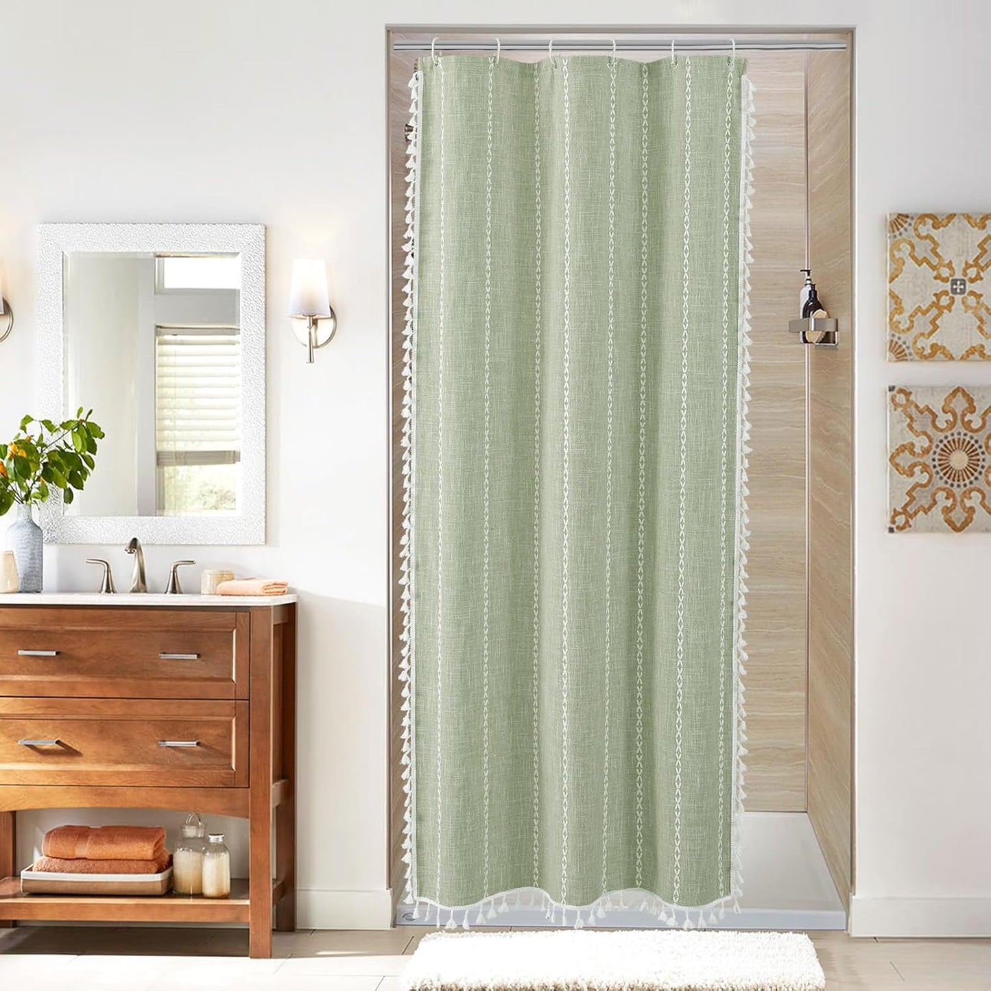 MitoVilla Boho Small Stall Fabric Shower Curtain 36 x 72, Sage Green Half Size Narrow Polyester Linen Tassel Cloth Shower Curtains for Chic Modern Farmhouse Country Bathroom Decor