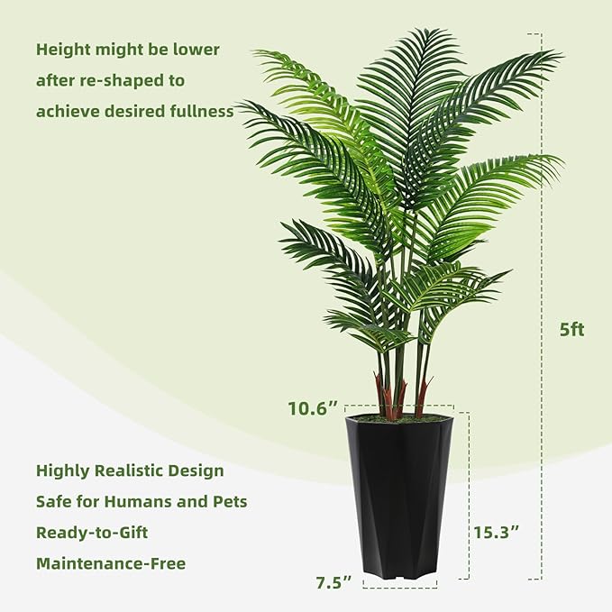 Artificial Palm Plant Indoor 5FT Fake Tree with White Diamond Planter Faux Tropical Areca Tall Fake Floor Plant in Pot Artificial Trees for Home Office Living Room Decor Indoor
