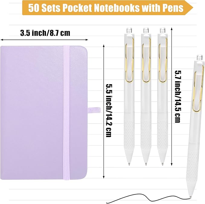 Aodaer 50 Sets Pocket Notebook Journal with Pens, 160 Pages, 3.5 x 5.5 Inch Mini Lined Journal Notebook A6 Leather Hardcover College Ruled Notepad with Pen Holder for School Office Gifts, Lavender