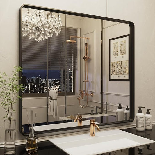 ISKM Black Bathroom Mirror for Wall 40" x 38" Matte Black Framed Vanity Mirror, Shatter-Proof, Tempered Glass, Rounded Rectangle Mirror(Horizontal/Vertical)