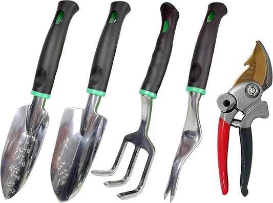 Garden Tools Set, 5 Piece Aluminum Hand Tool Kit with Ergonomic Handle, Heavy Duty Gardening Tools Include Hand Trowel, Transplant Trowel, Hand Rake, Weeder and Shears (Green)